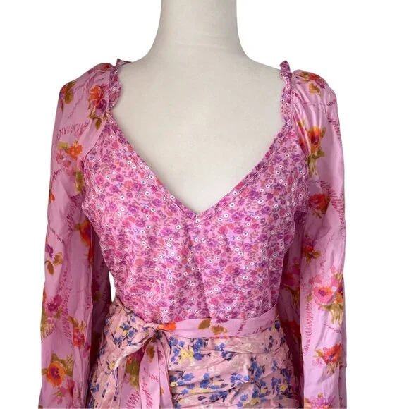 For Love Bell Pink Patchwork Ruffle Mini Dress Boho SZ M - Picture 14 of 16